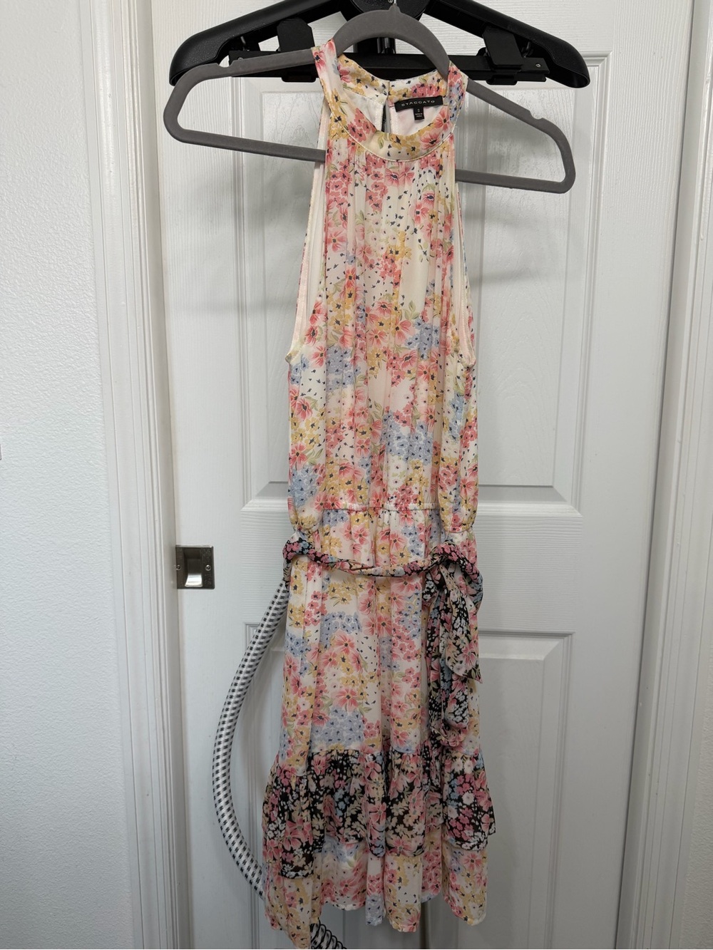 Staccato Floral Halter Maxi Dress in Pink, Cream & Blue